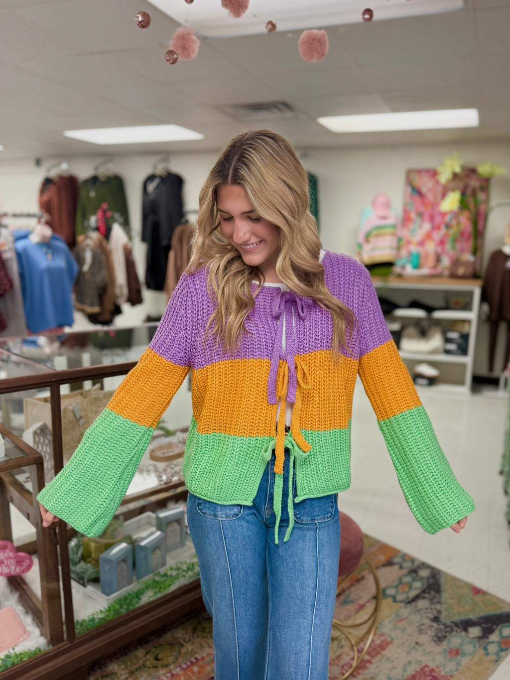 Mardi Gras Ribbed String Tied Cardigan