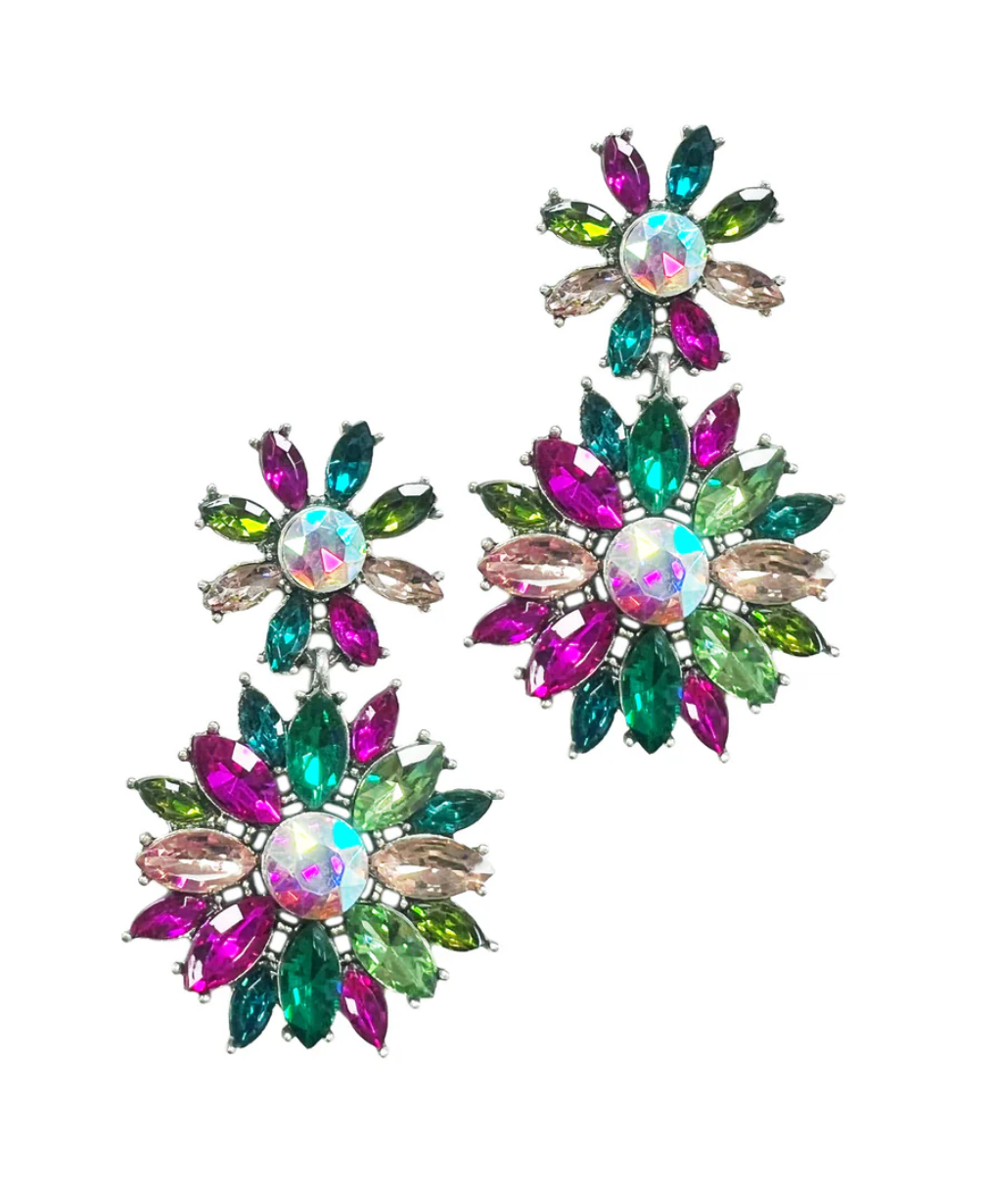 Multi Crystal Flower Drop Earrings