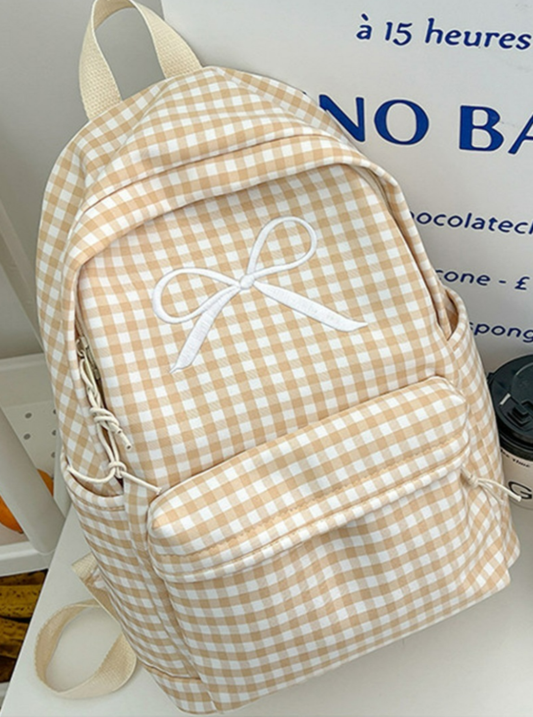 Bow Embroidered Checkered Backpacl