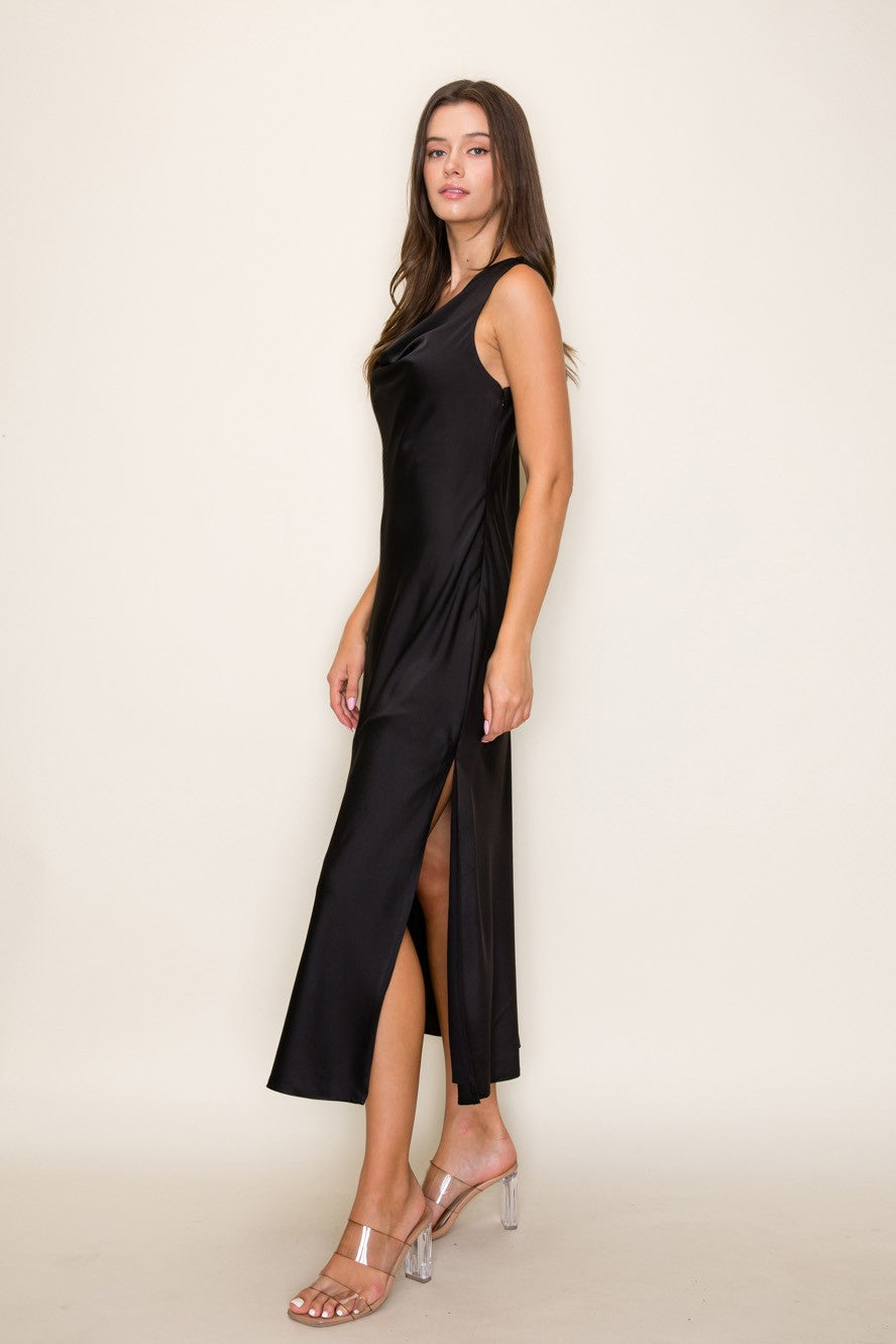 Midnight Elegance Satin Midi Dress