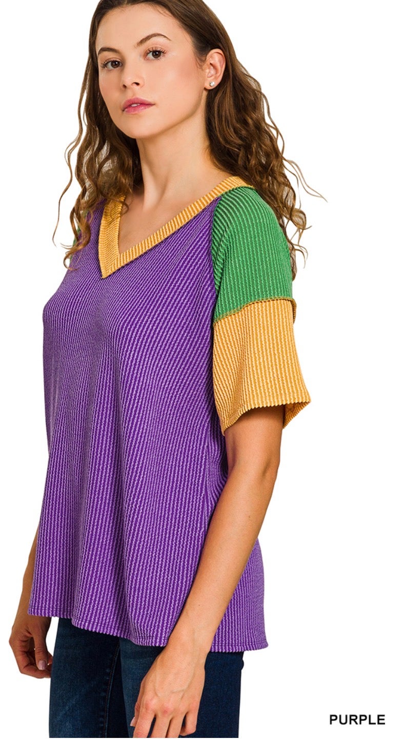 Mardi Gras Chic Raised Rib Color Block Top