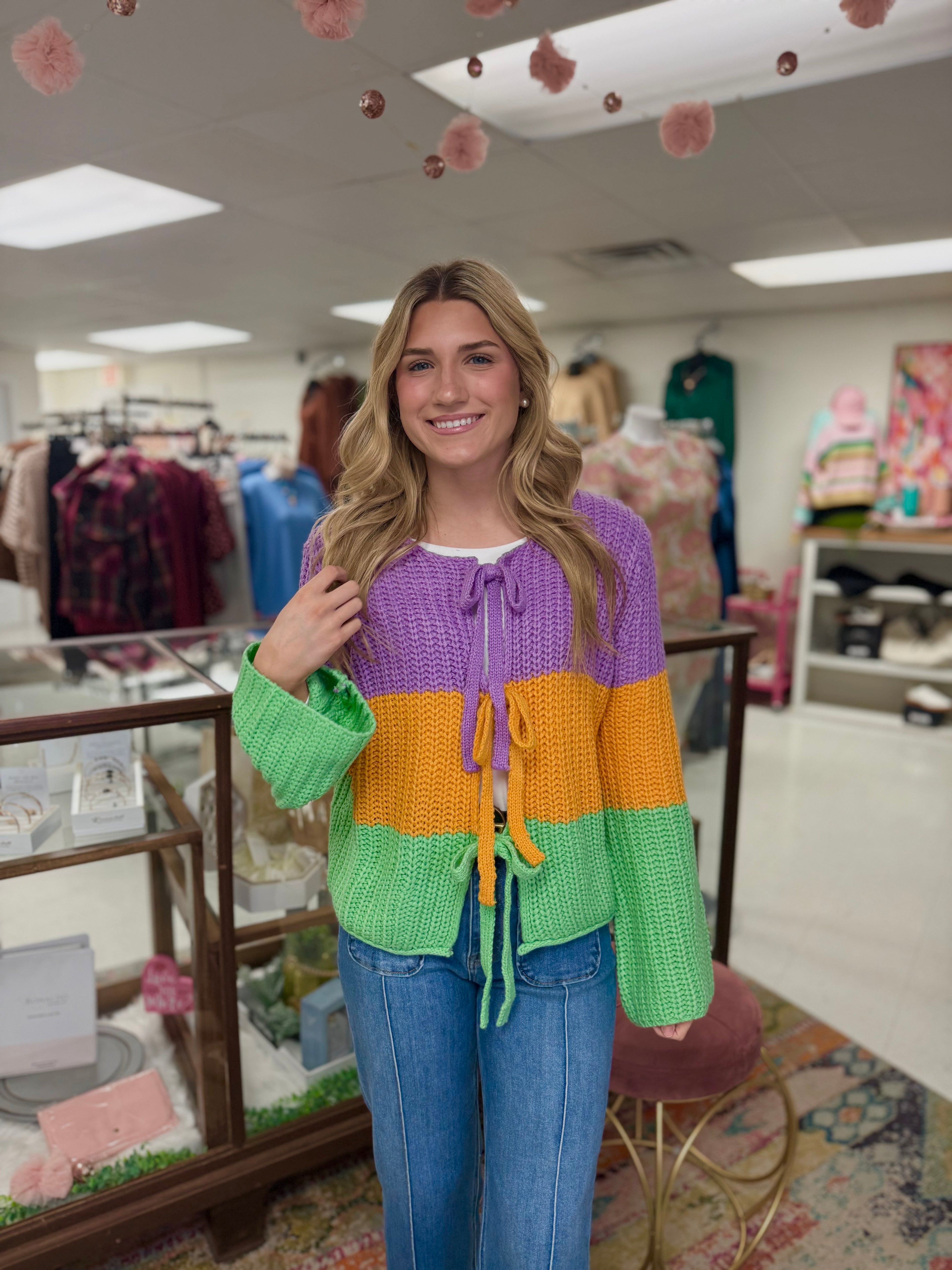 Mardi Gras Ribbed String Tied Cardigan