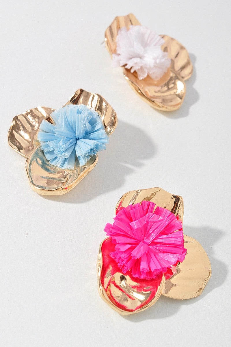 Raffia Flower Metal Earrings