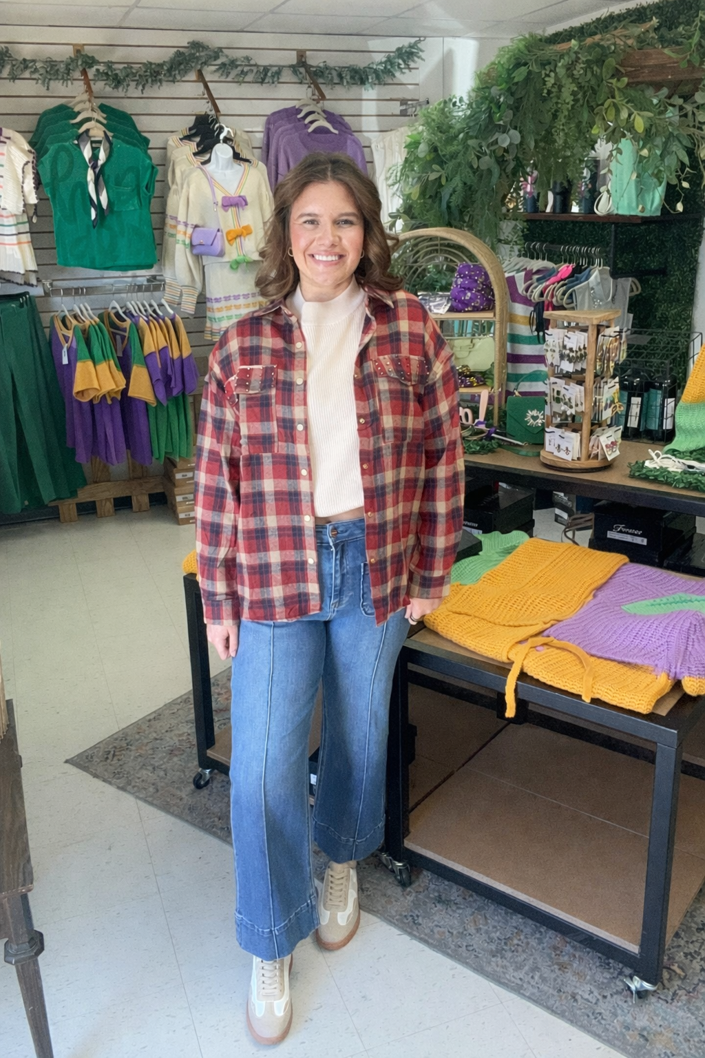 Studded Plaid Button-Up Shacket