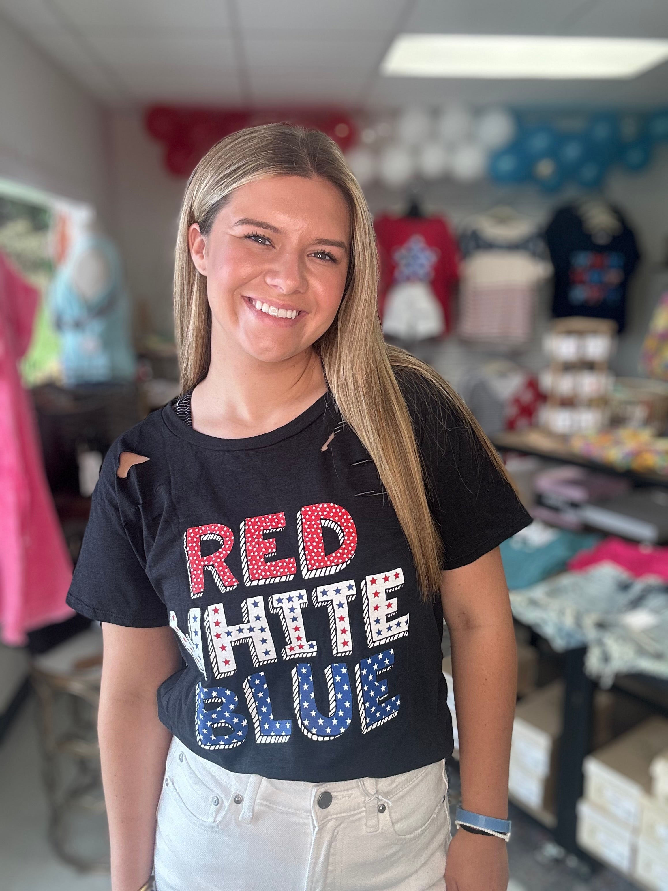 Laser Cut Red, White & Blue Graphic Tee *Final Sale*