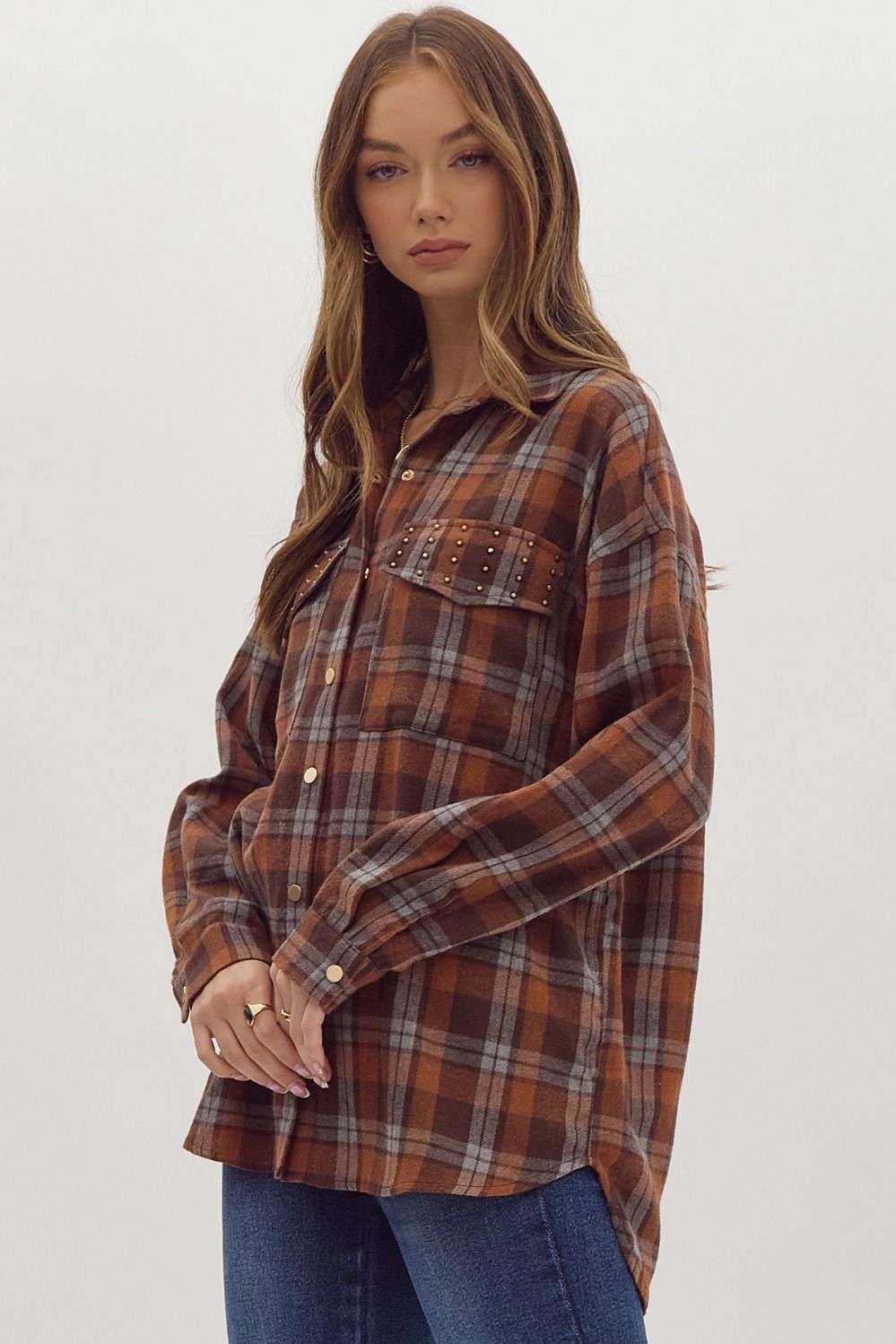 Studded Plaid Button-Up Shacket