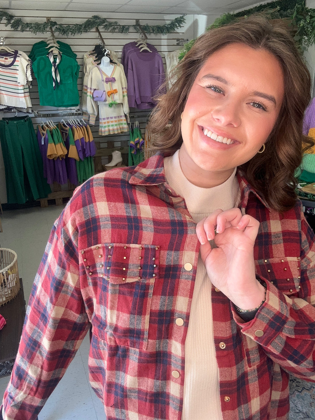 Studded Plaid Button-Up Shacket