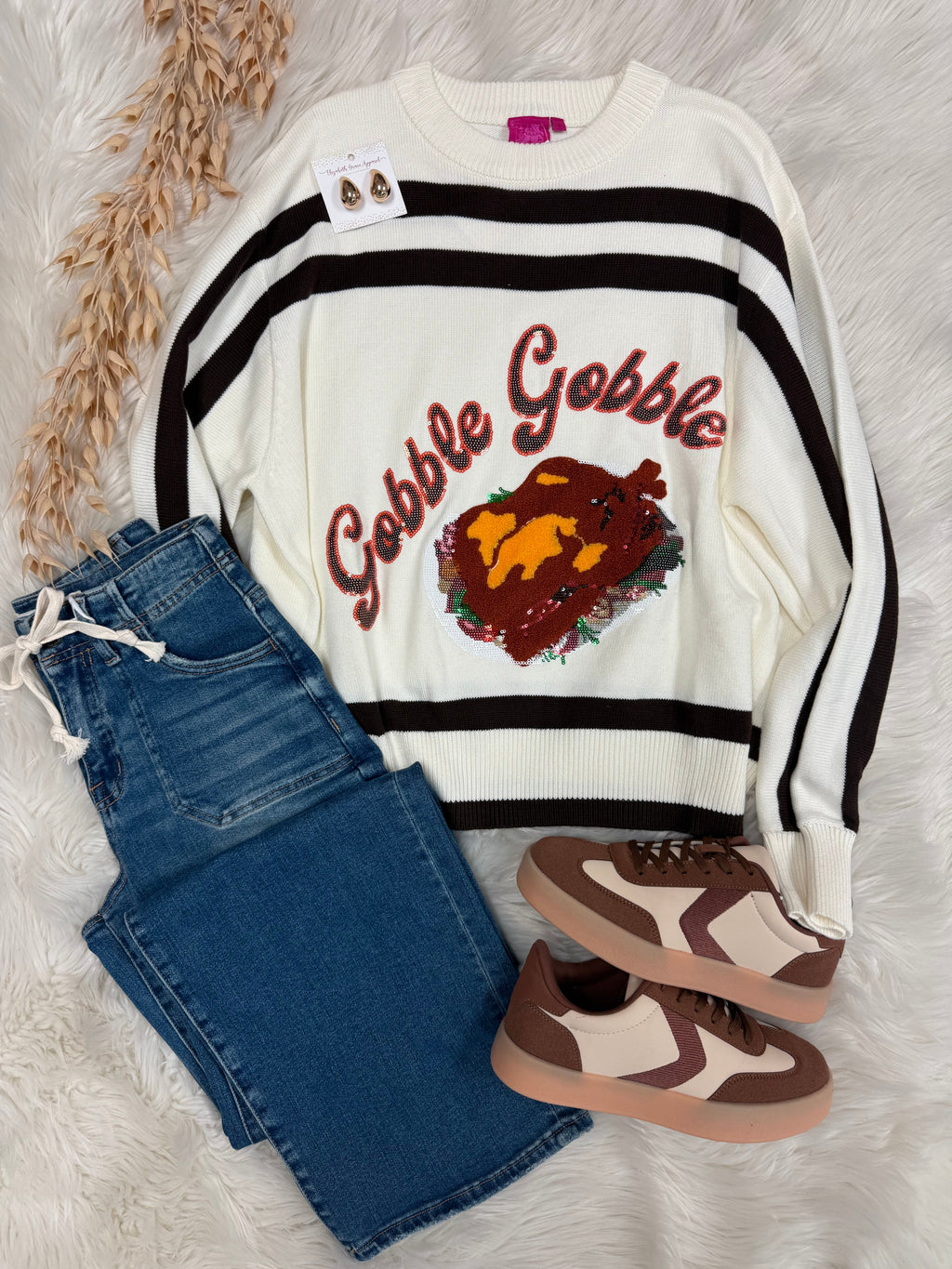 White & Brown Stripe "Gobble" Long Sleeve Sweater