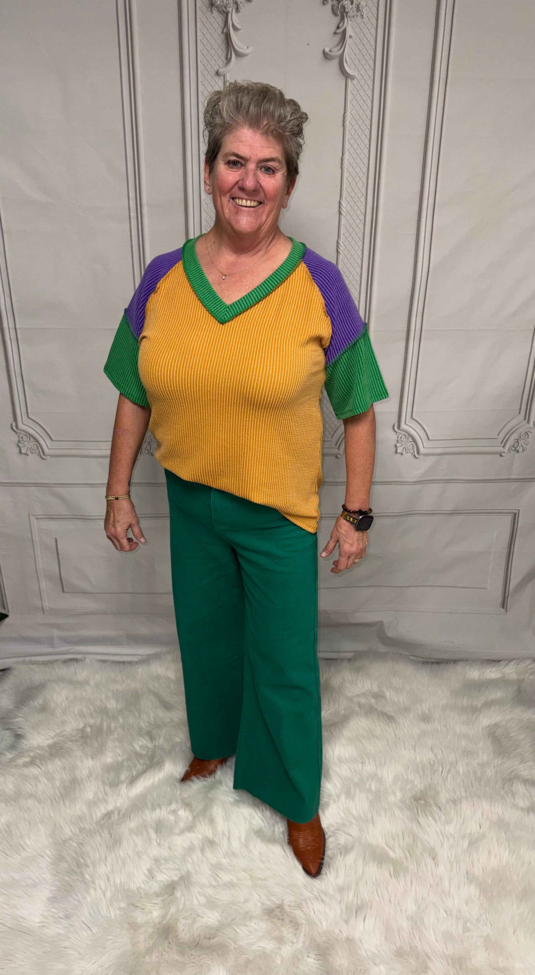 Mardi Gras Chic Raised Rib Color Block Top