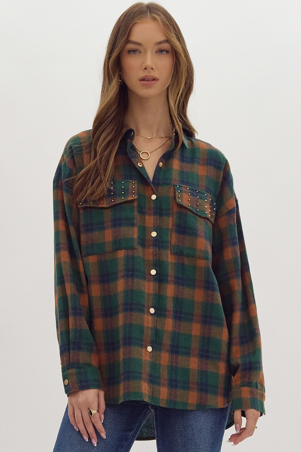 Studded Plaid Button-Up Shacket