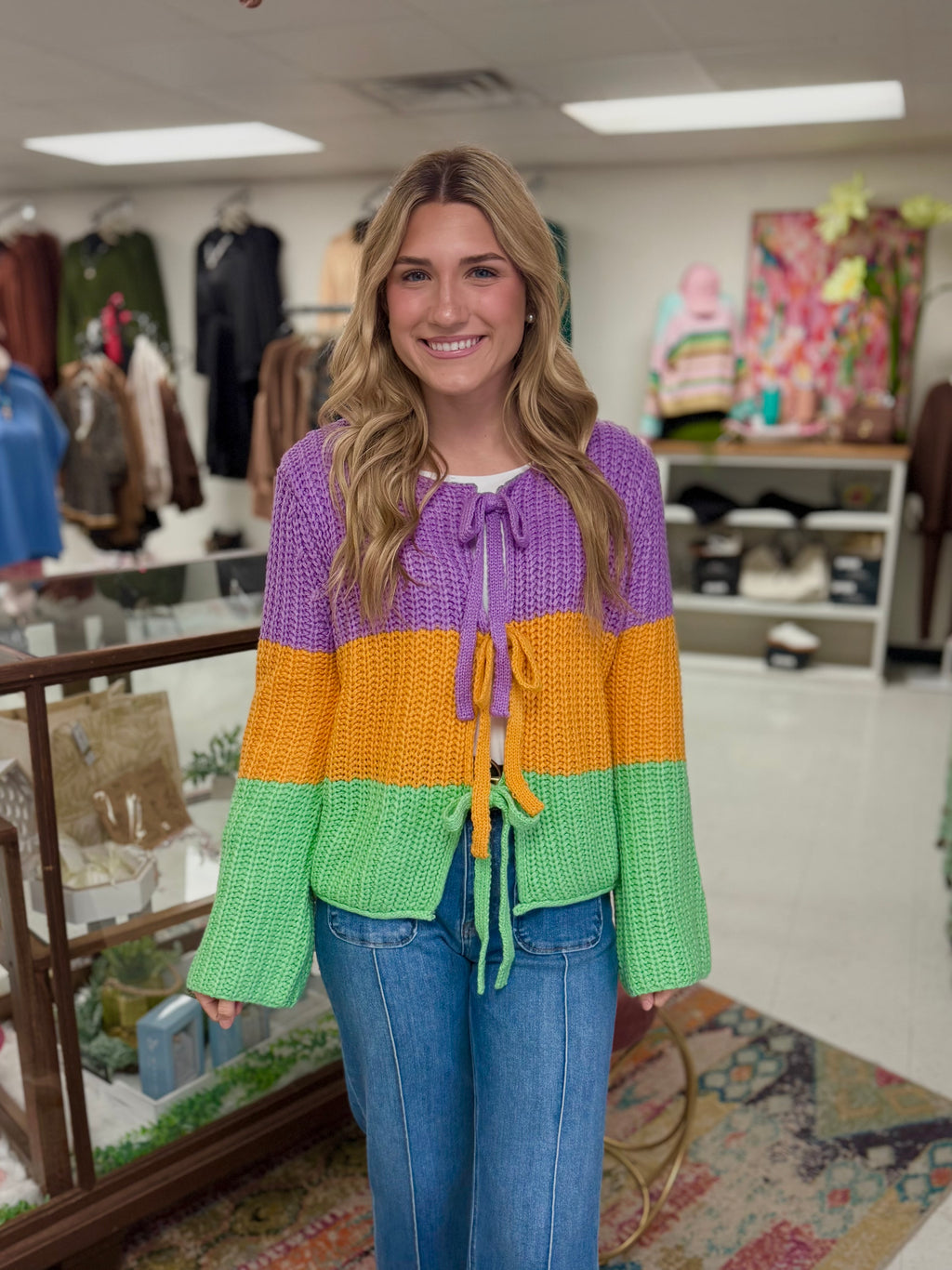 Mardi Gras Ribbed String Tied Cardigan