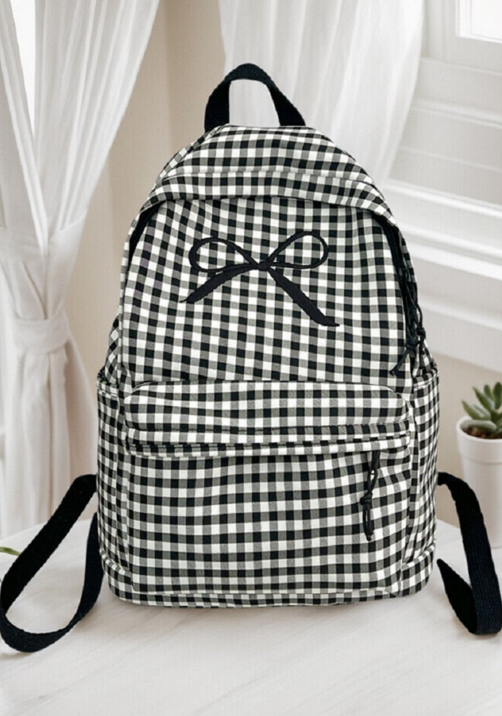 Bow Embroidered Checkered Backpacl