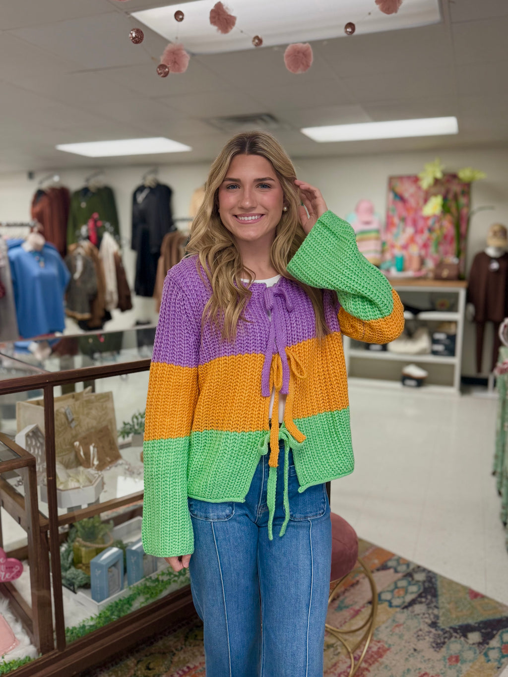 Mardi Gras Ribbed String Tied Cardigan