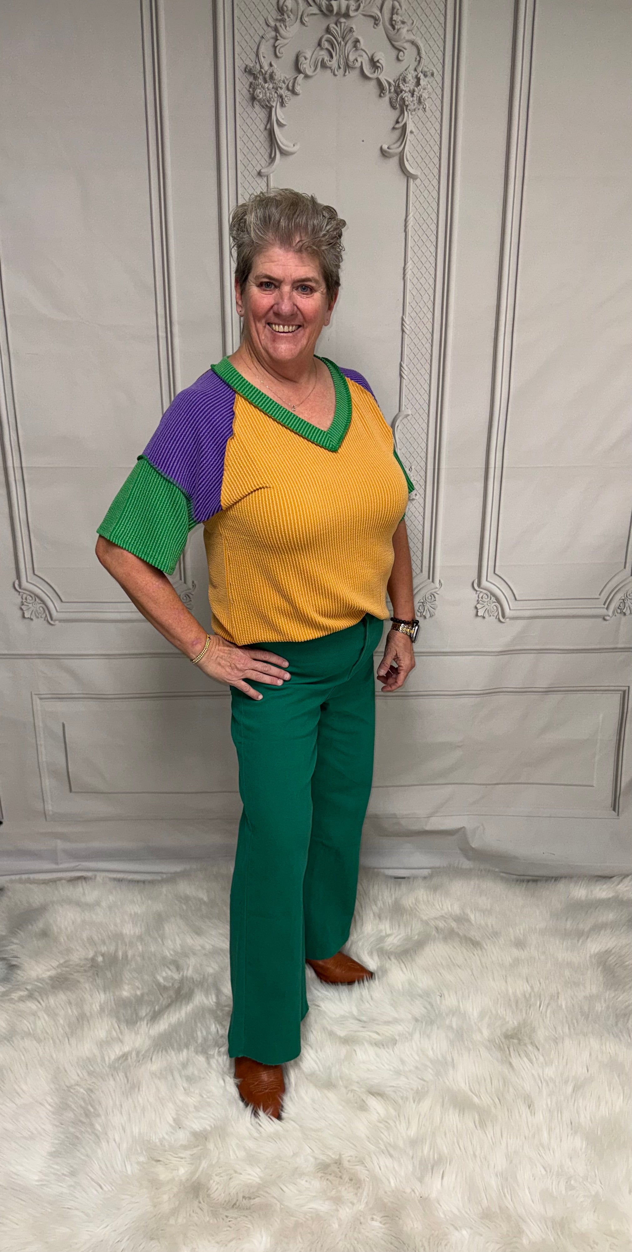 Mardi Gras Chic Raised Rib Color Block Top