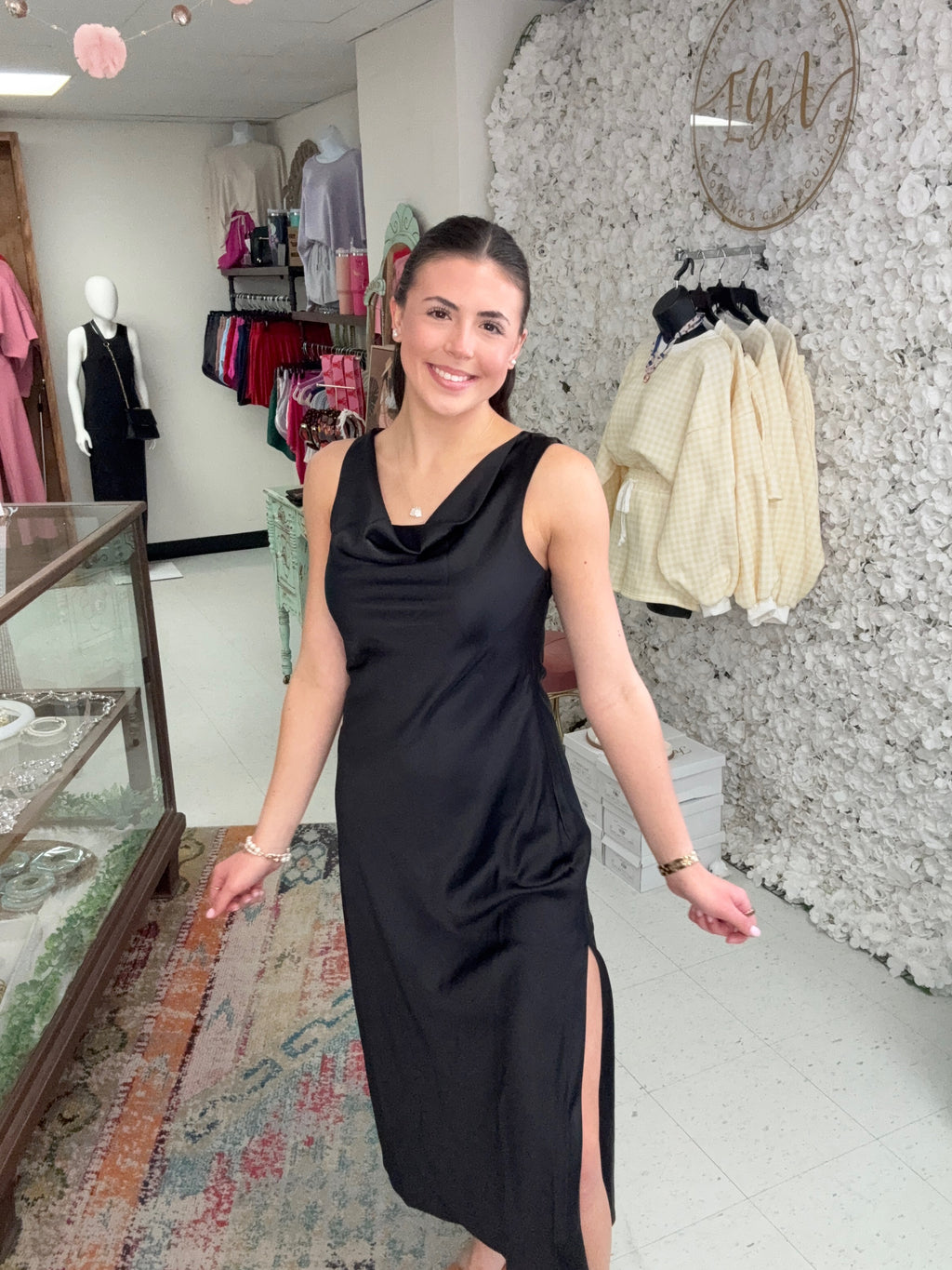 Midnight Elegance Satin Midi Dress