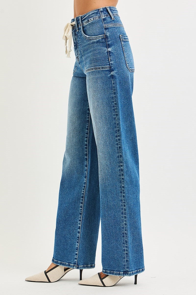 Risen Drawstring Wide Leg Jeans
