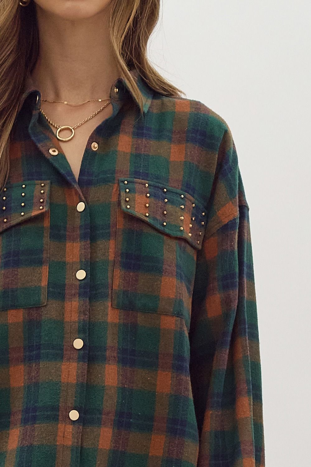 Studded Plaid Button-Up Shacket