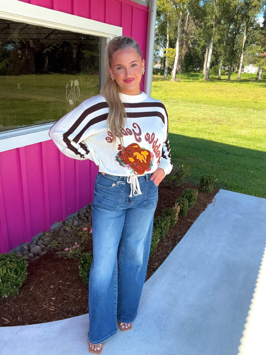 White & Brown Stripe "Gobble" Long Sleeve Sweater