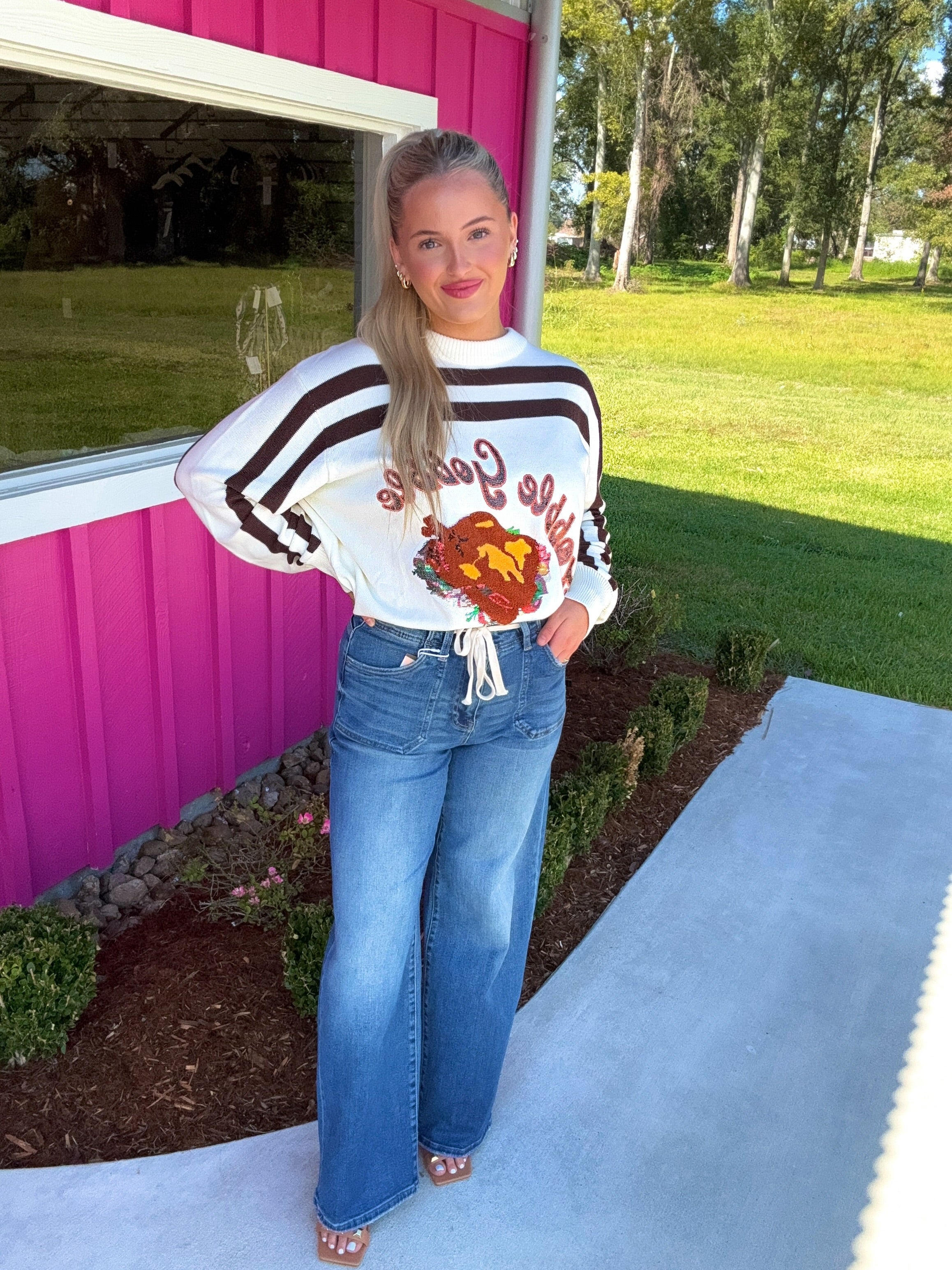 White & Brown Stripe "Gobble" Long Sleeve Sweater