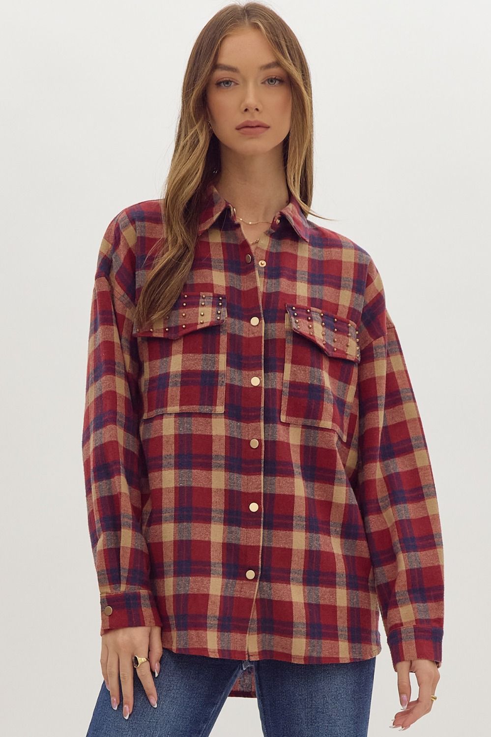 Studded Plaid Button-Up Shacket